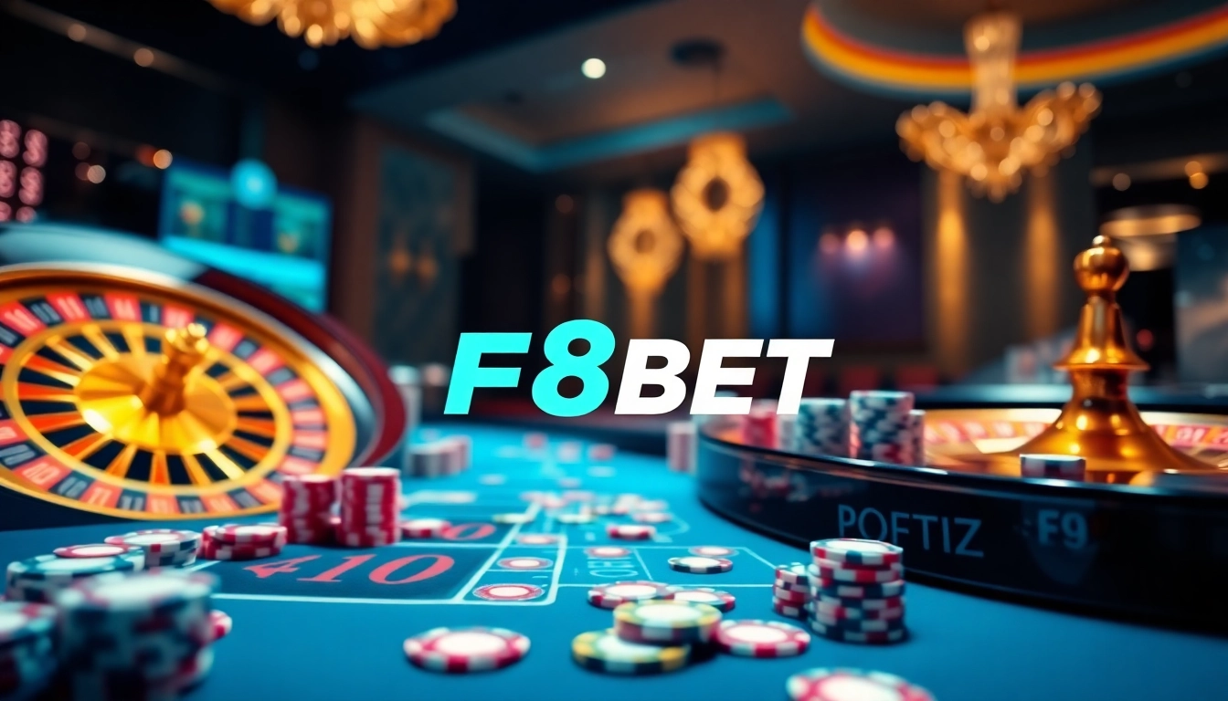 Experience F8BET trang chủ with a vibrant online casino filled with poker chips and a roulette wheel.