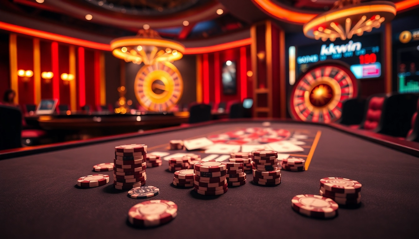 Engage in high-stakes poker at kkwin's luxurious casino table with vibrant roulette wheel.