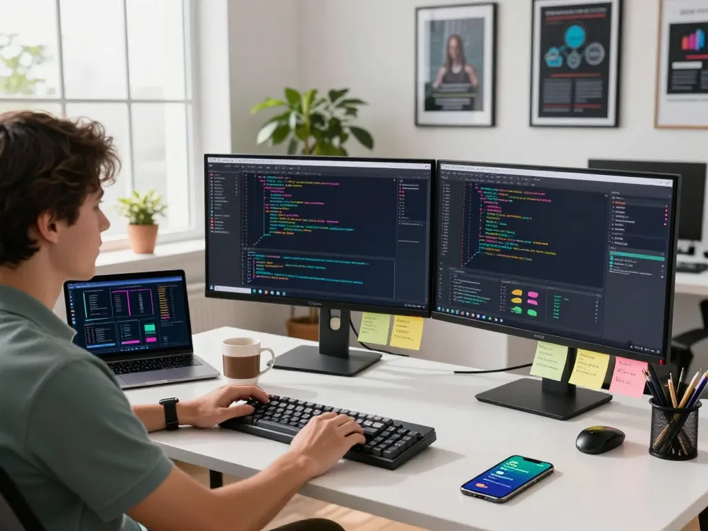 openclawd software development workspace showcasing dual monitors with code and communication apps in a modern office