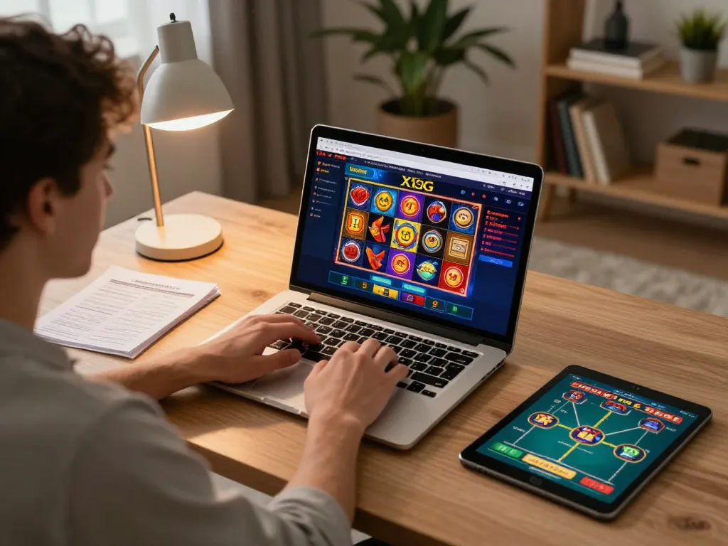 Player engaging with XXGG casino on laptop while analyzing strategy notes in a cozy home environment.