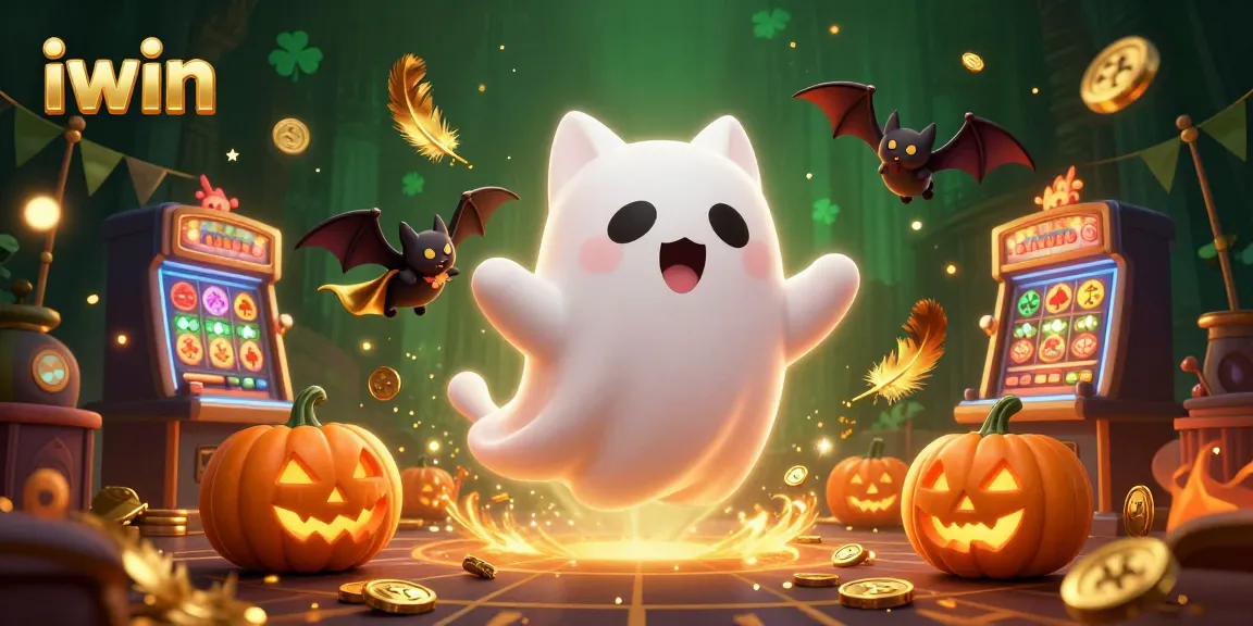 iwin's ghost cat and bat soar in a haunted casino, surrounded by playful poker-themed jack-o-lanterns.