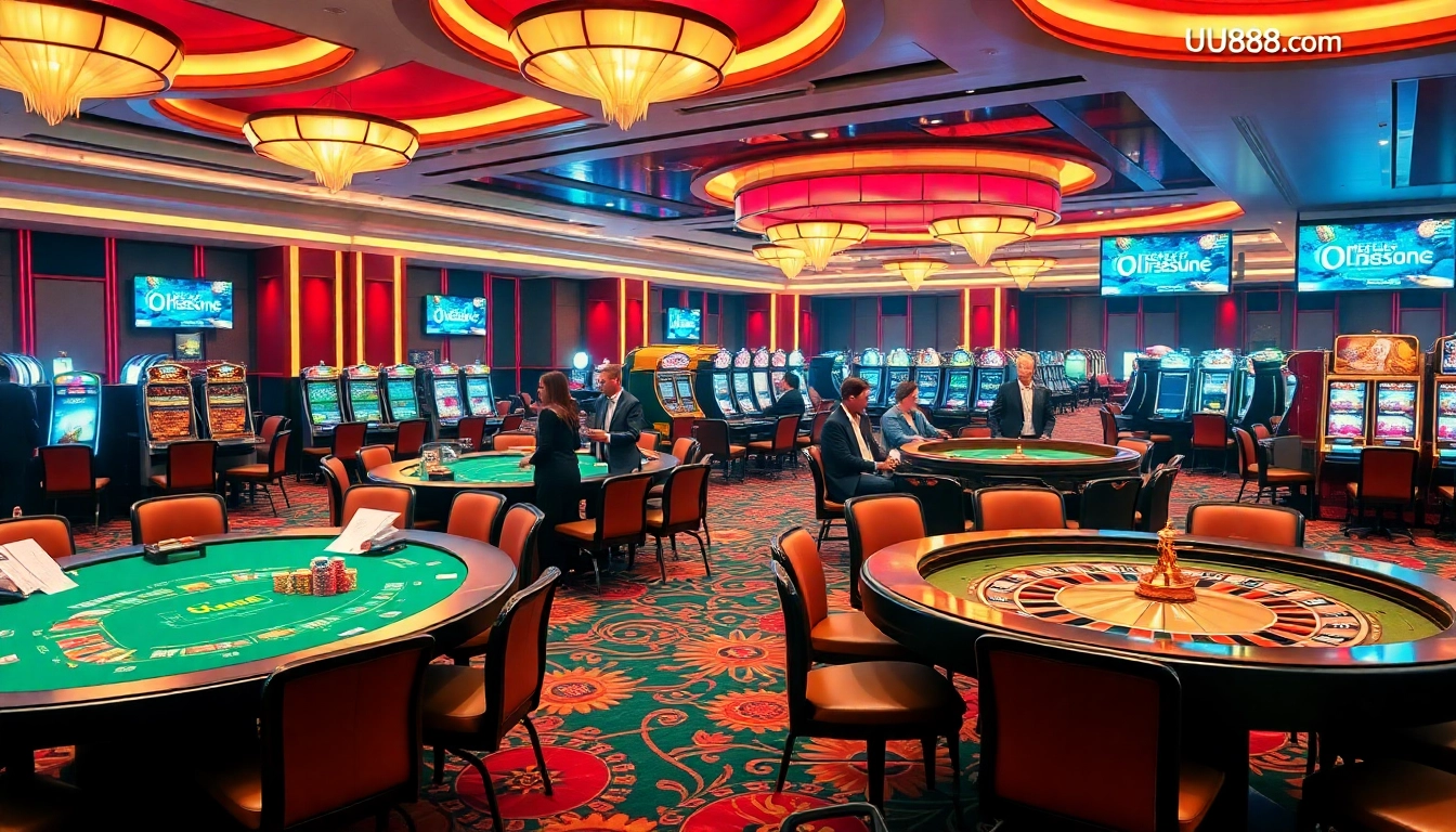A lively casino gaming scene showcasing uu88 com with poker tables, roulette wheels, and colorful chips.