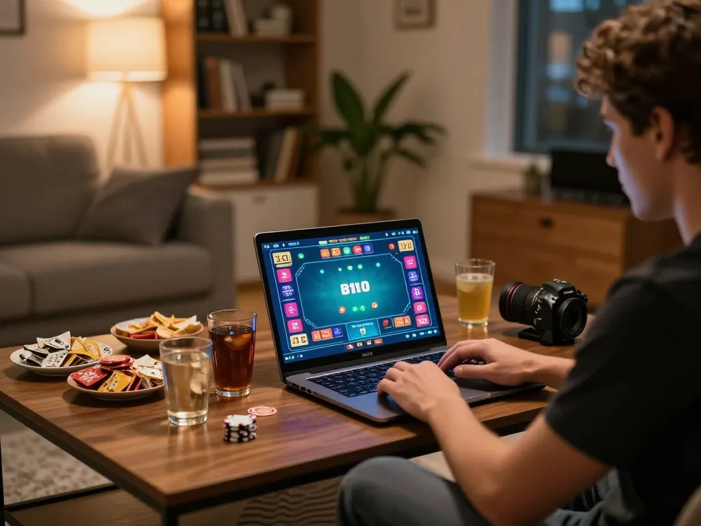 Engaging in online poker with 789win on a cozy home setup, featuring laptop gaming display and snacks.