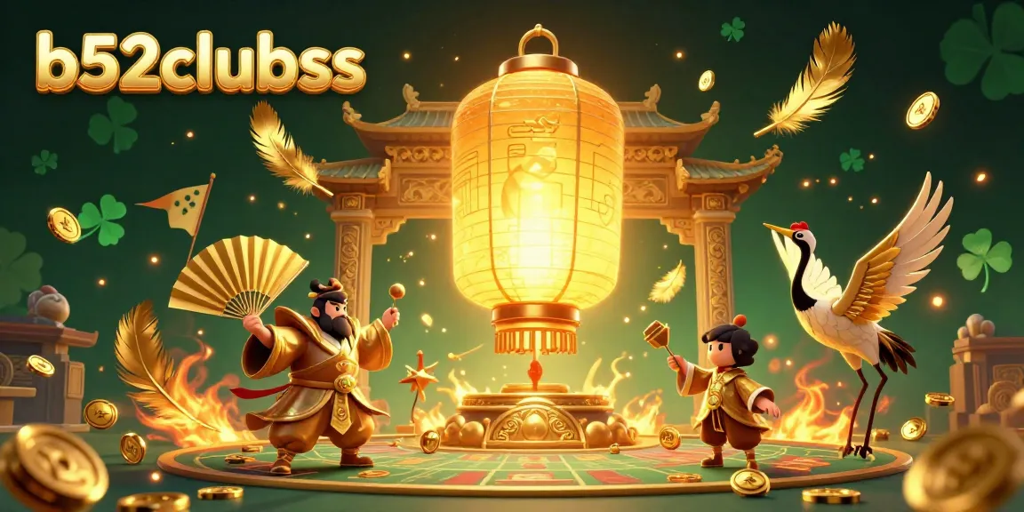 Experience thrilling gameplay at b52clubss with a vibrant illustration of a glowing lantern spirit and golden warriors in a lively casino.