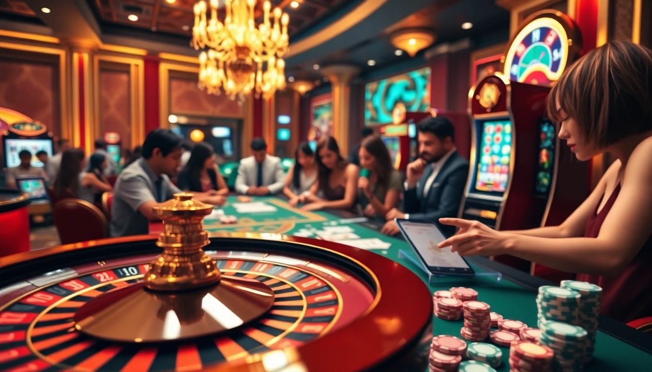 Gamblers enjoying a thrilling experience at https://nk88net.com/ casino tables, featuring poker chips and games.