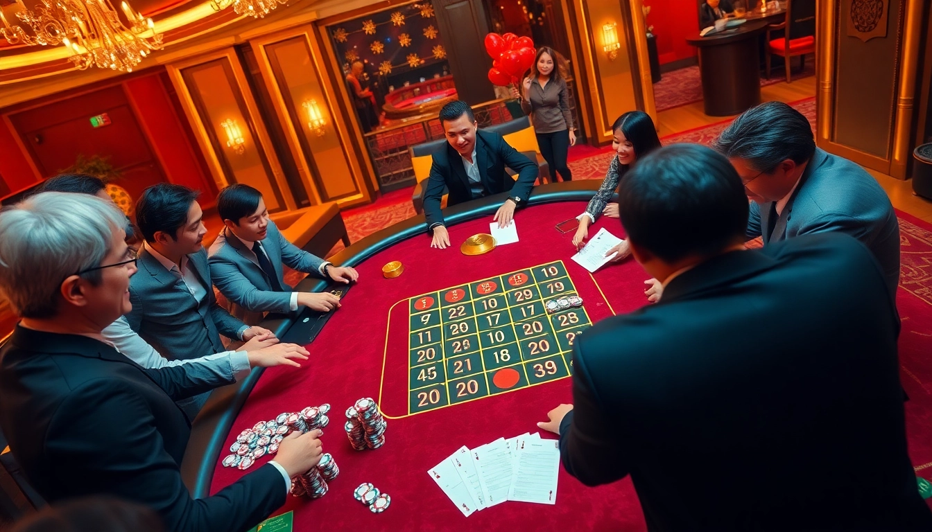 Playing xóc đĩa đầu tư thấp at an elegant casino table surrounded by excited gamblers.