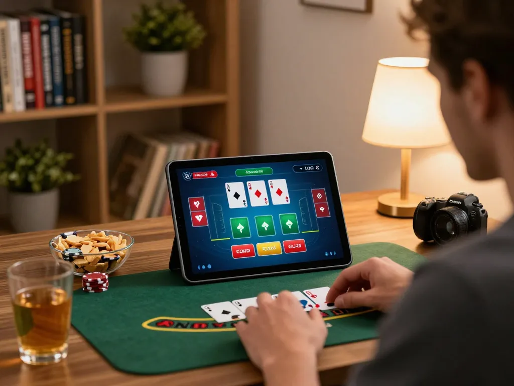 Player strategically engaging in TA88 online blackjack at a stylish home desk setup.