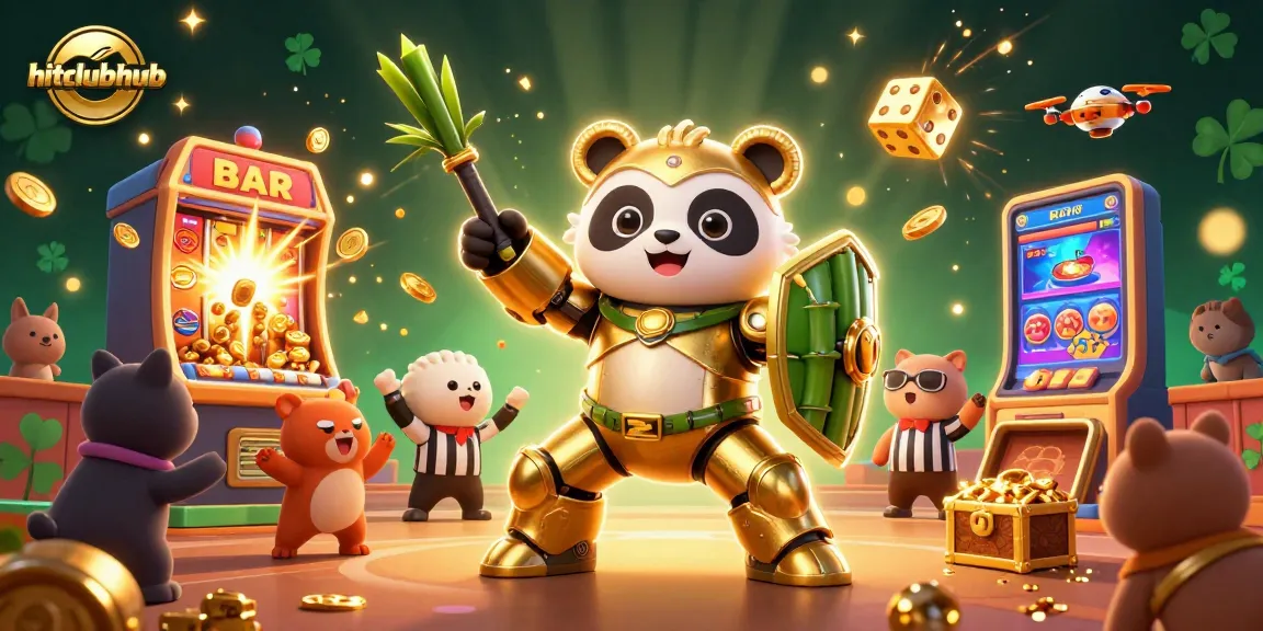 Experience exciting wins at hitclubhub with a vibrant 3D casino illustration featuring a golden panda robot in action.