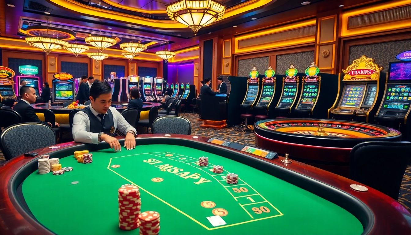 Exciting game play at nhà cái uy tín ở việt nam featuring luxury casino tables and vibrant slot machines.