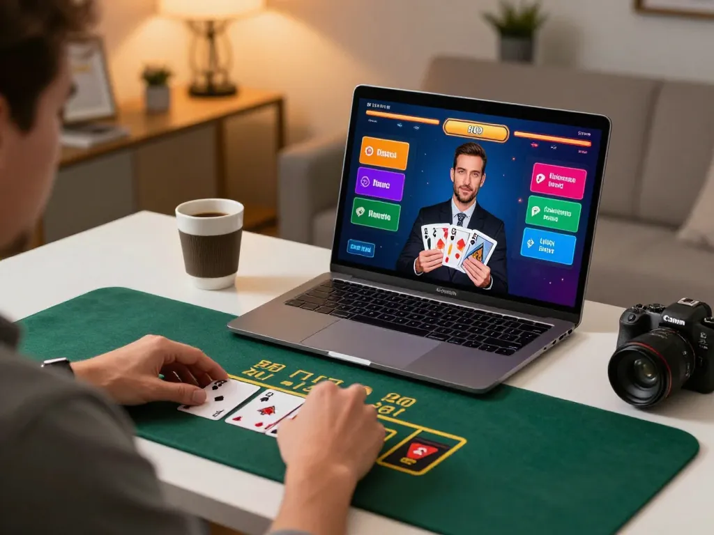MM88 player placing a bet in an engaging online blackjack game from home office.