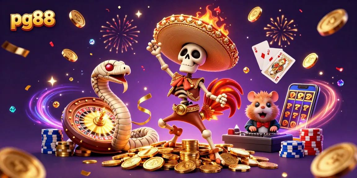pg88 players winning big in a vibrant casino setting with golden coins, cards, and roulette effects