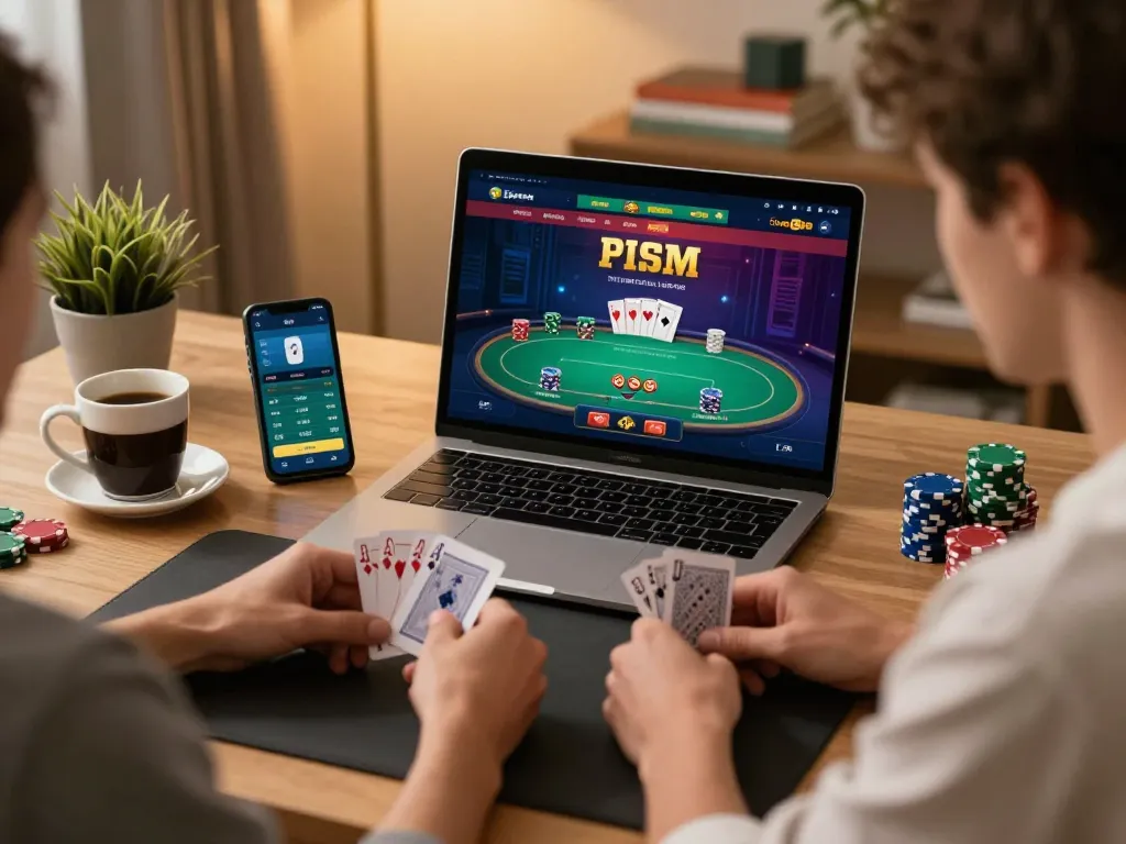 Fabet player strategizing during an online poker game on a cozy home desk.