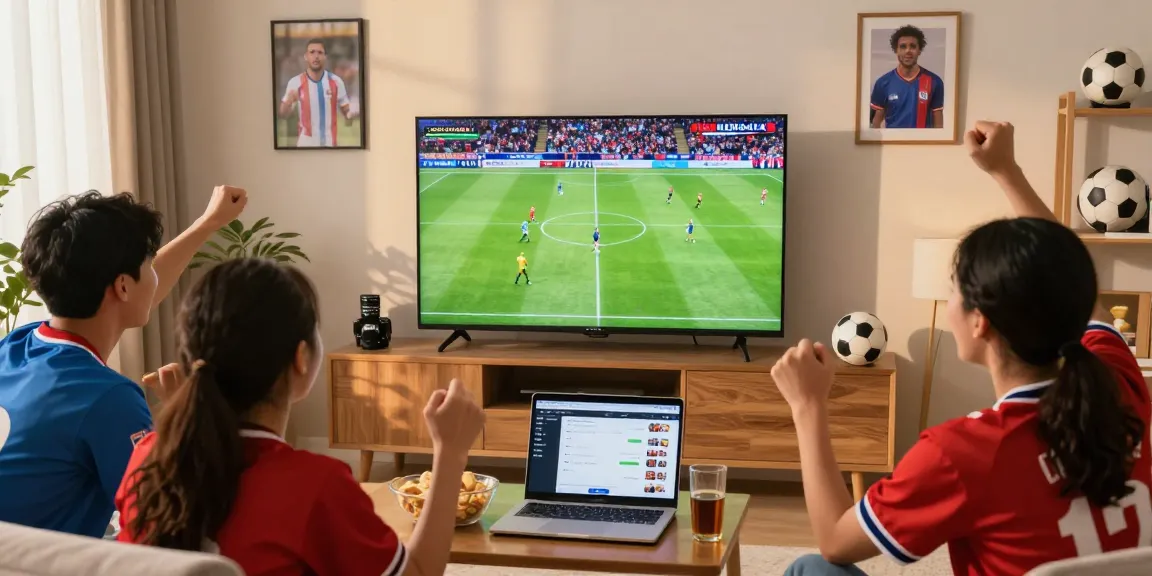 Xem Bóng Đá Cakhia in a lively living room full of cheering fans watching football.