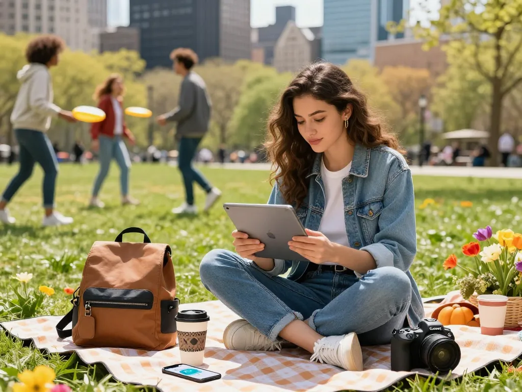 Youthful woman enjoying Sunwin app experience in vibrant city park.