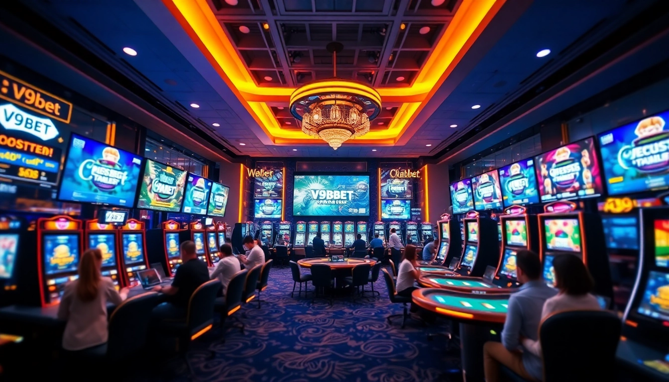 Exciting V9bet casino environment with players and games showcasing the thrill of online gambling.