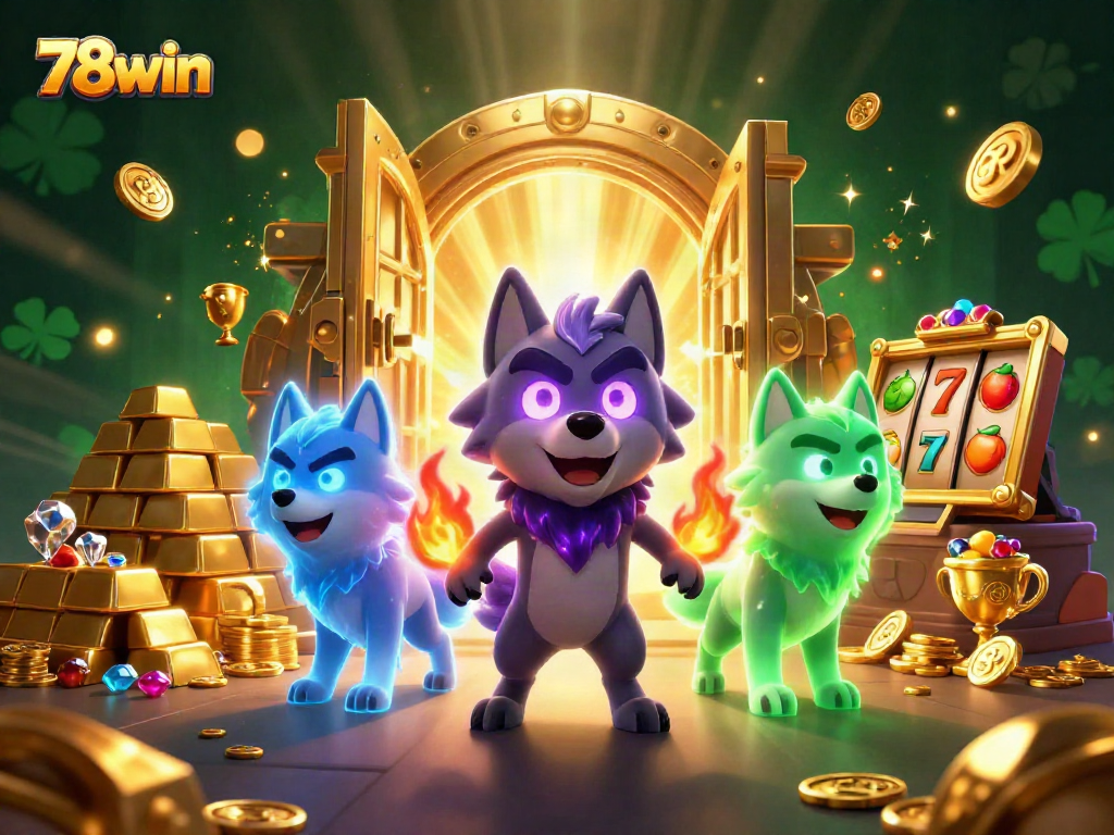 Engage with 78win's exciting treasure-filled casino experience showcasing lucky slot symbols and character dynamics.