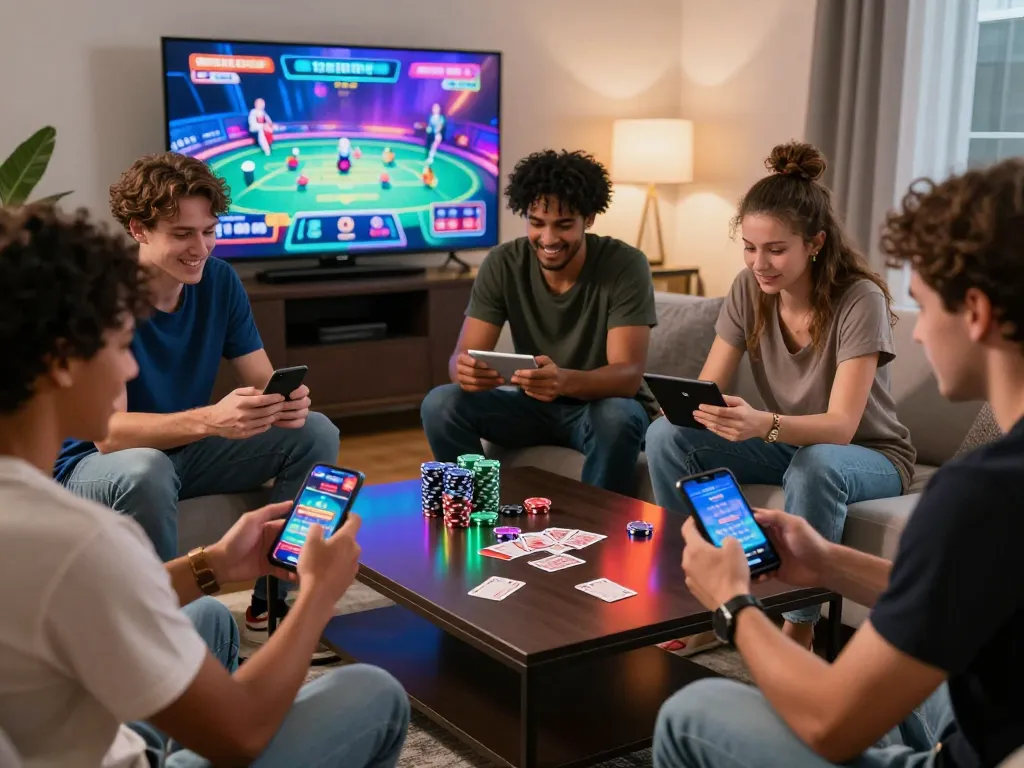 Players enjoying casino games at TK88 online platform in a vibrant living room.