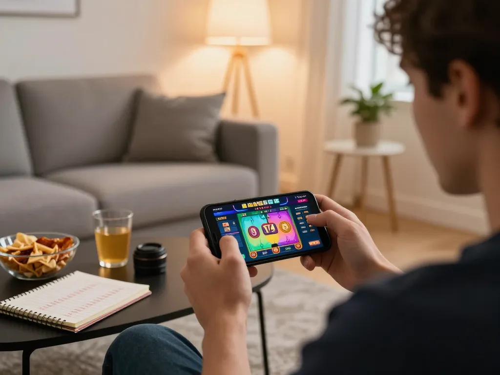 Player engaging in 12play mobile casino app with vibrant game visuals, enjoying a responsible gaming experience