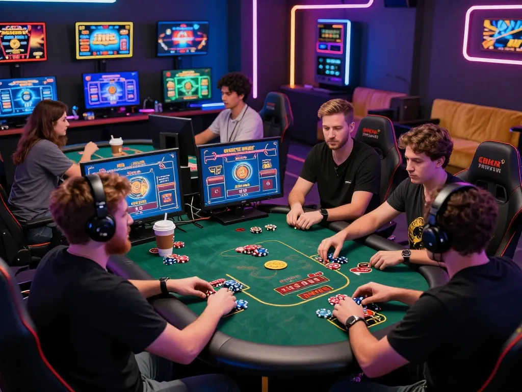 Engaging scene of players enjoying various BK8 online casino games in a vibrant gaming room.