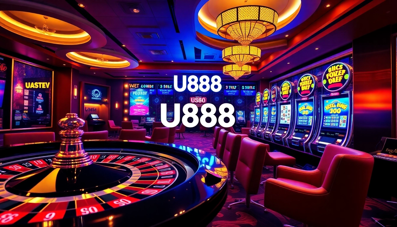 Experience thrilling gaming at U888's luxurious online casino with roulette wheels and vibrant slot machines.
