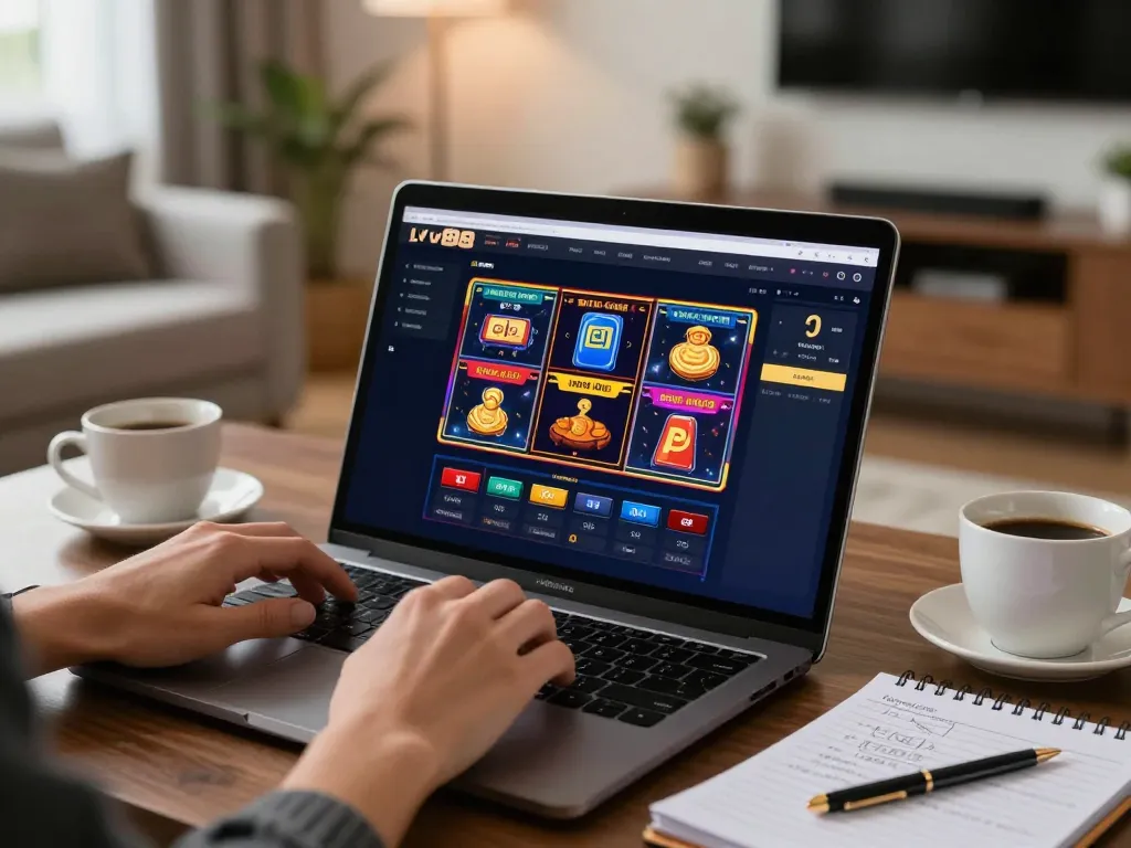 Player engaging with LV88 online casino games at a cozy home setup, showcasing interactive gaming elements.