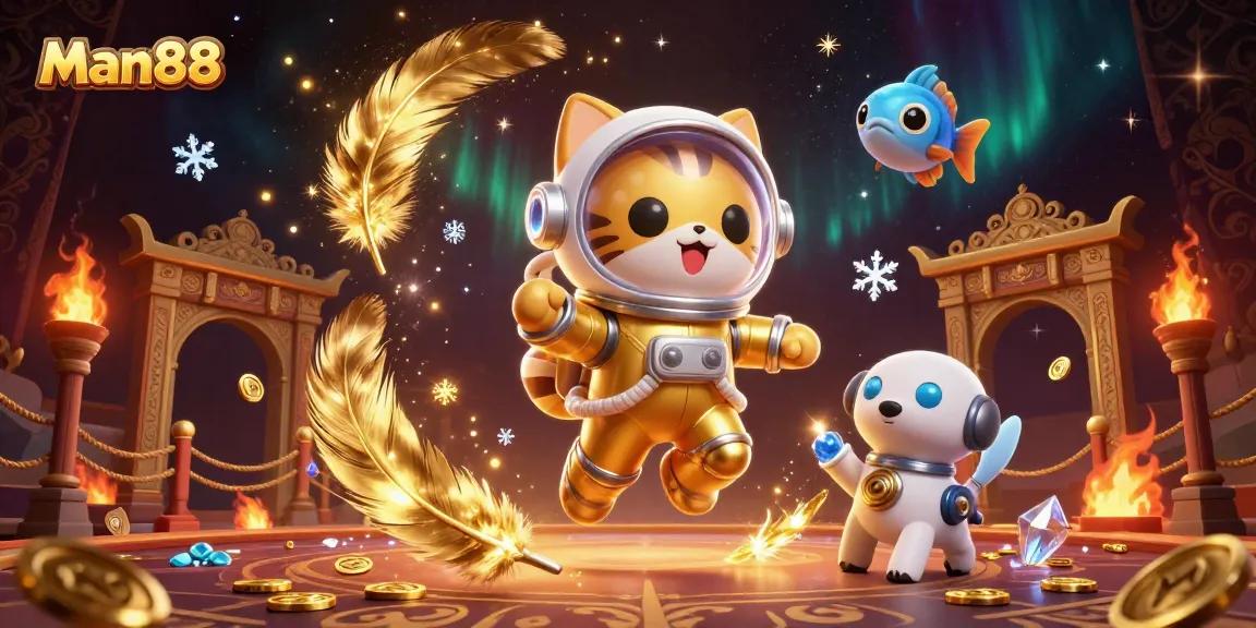 Man88 showcases an exciting 3D space-themed casino scene with animated characters and vibrant effects.