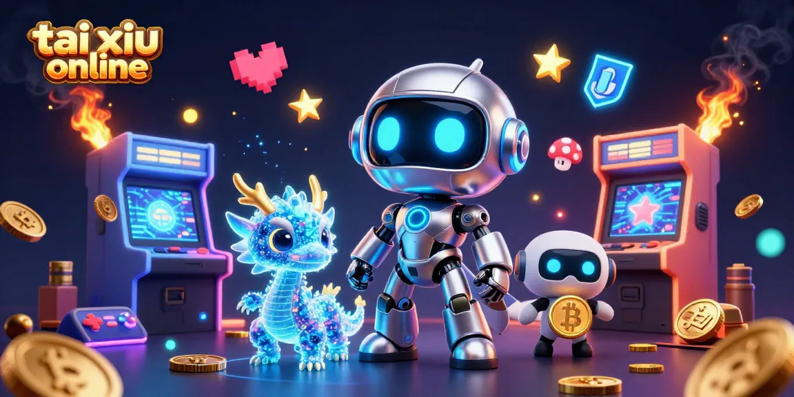 Tai xiu online action with an engaging cyberpunk robot, holographic dragon, and bitcoin drone amidst vibrant game elements.