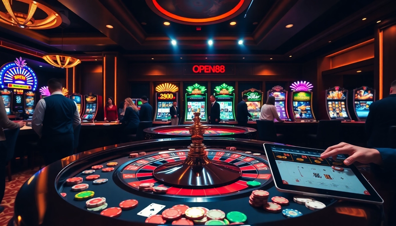 Experience the thrill of gambling at OPEN 88 with players enjoying roulette and slot machines.