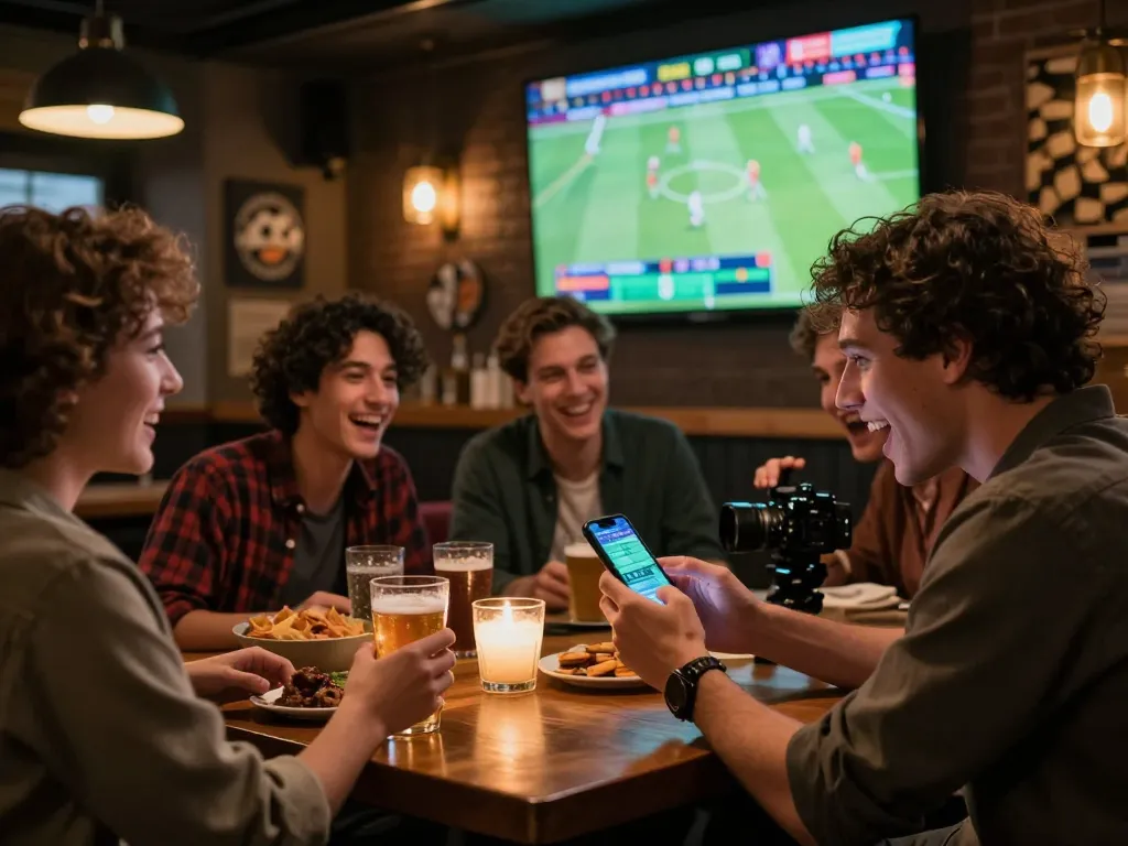 Friends enjoying live sports betting together at a bar using the website vb88 on their smartphones.