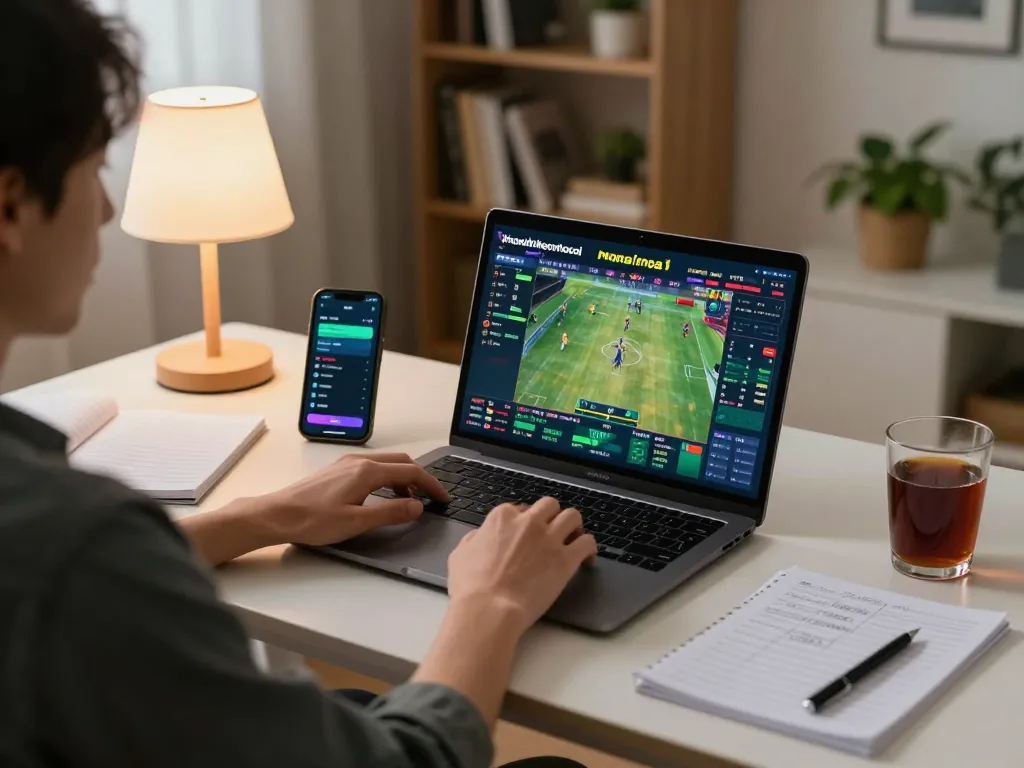 Person engaging in nhandinhkeonhacai betting through a laptop in a cozy home environment.
