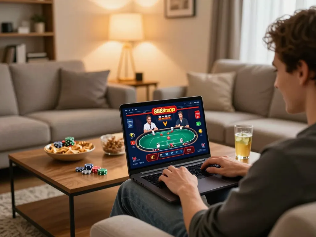 Engaging online gaming session on 888top shop with vibrant poker interface displayed on laptop.