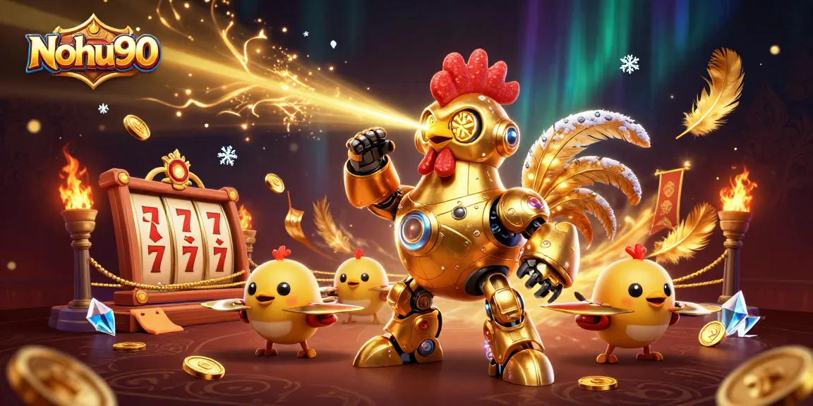Nohu90 showcases exciting slot games with a golden rooster robot and cheerful chick drones in a vibrant casino scene.