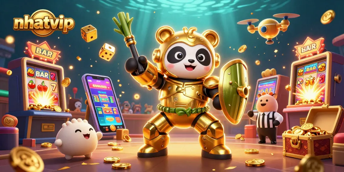 Nhatvip showcases exciting gameplay with a golden panda in a mech-suit at a lively casino.