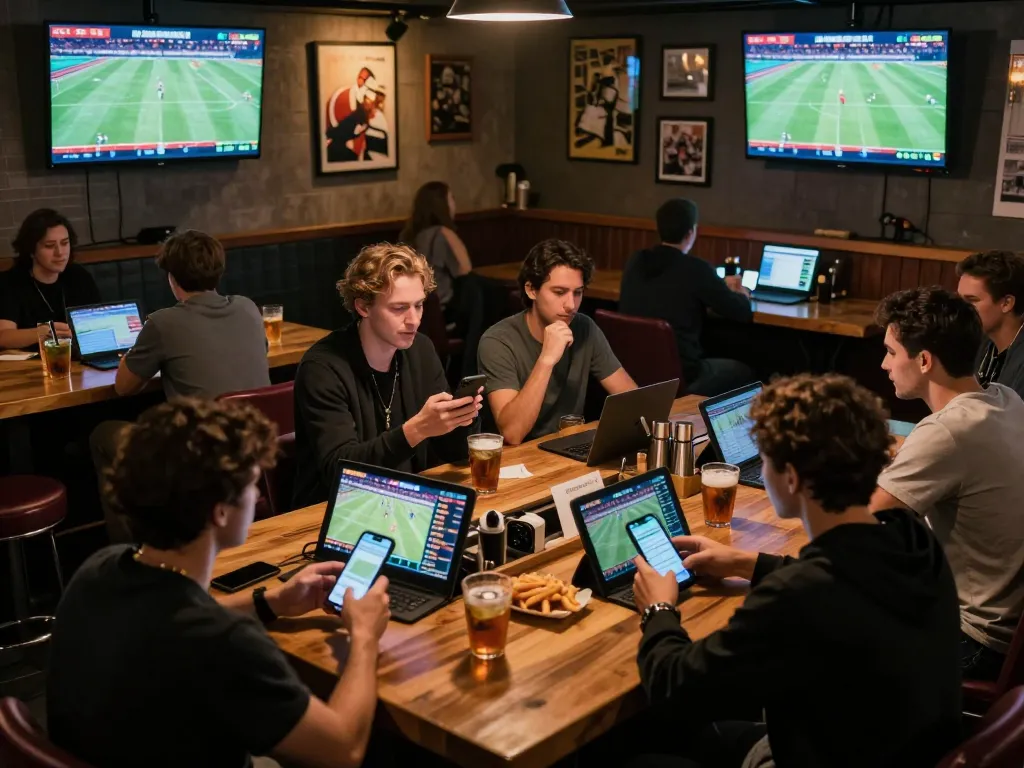 Engaged bettors at a sports bar analyzing odds and enjoying taruhan, showcasing tylekeonhacai88's dynamic betting experience.