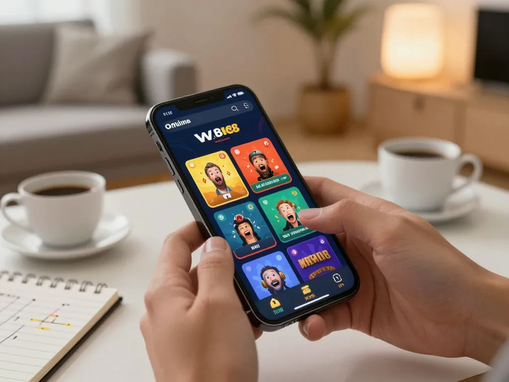 Engaging W88 mobile app interface showcasing online gambling games in a cozy setting.