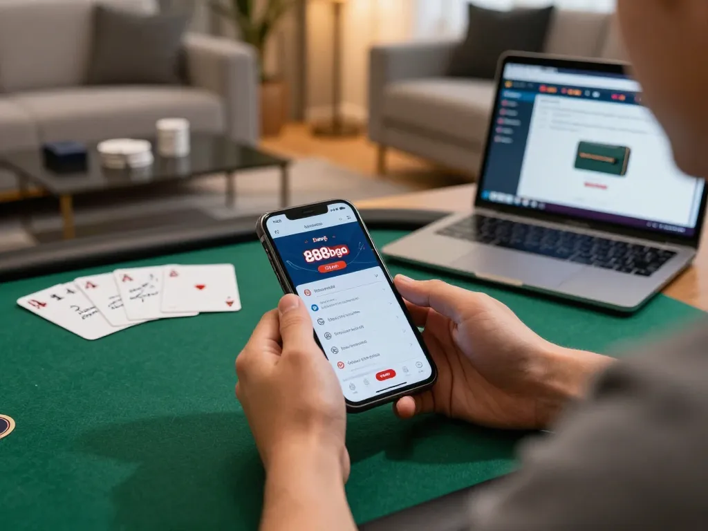 Engaged player using 888bgo app for online poker strategy in modern living room