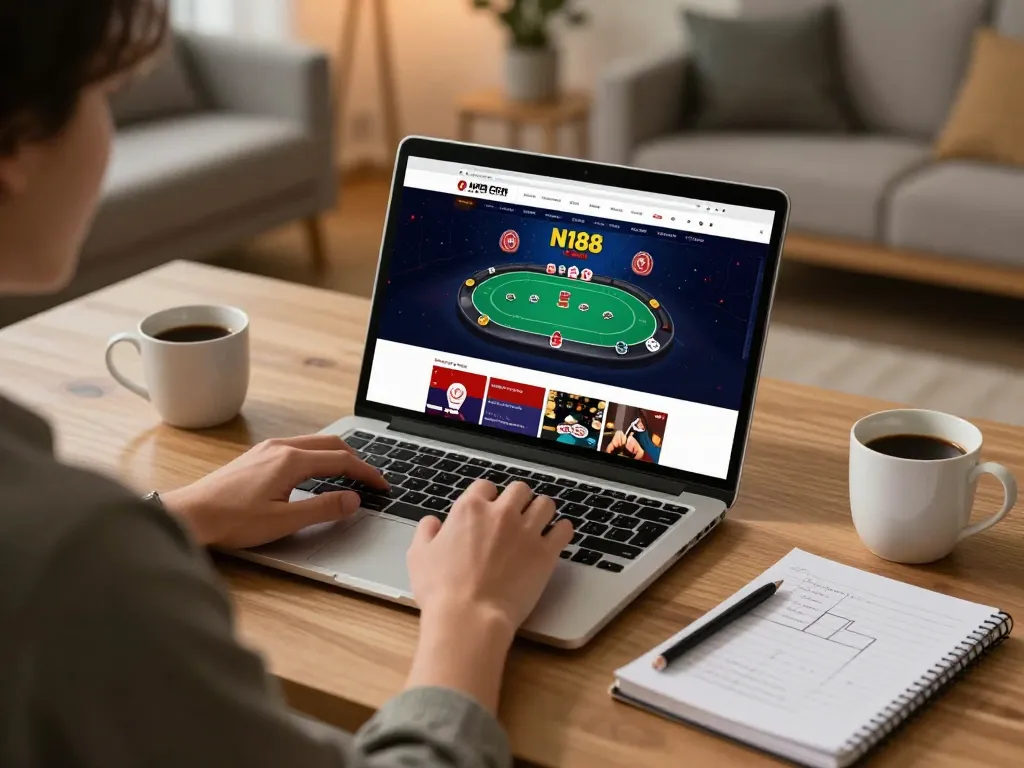Engaging with N188 com online casino on a laptop in a cozy setting, showcasing responsible gambling.