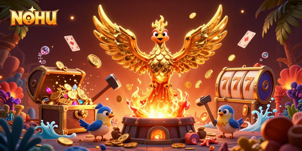Engagement with the NOHU casino slot game, showcasing a molten phoenix, with dynamic gold coins, 3D cartoon style.