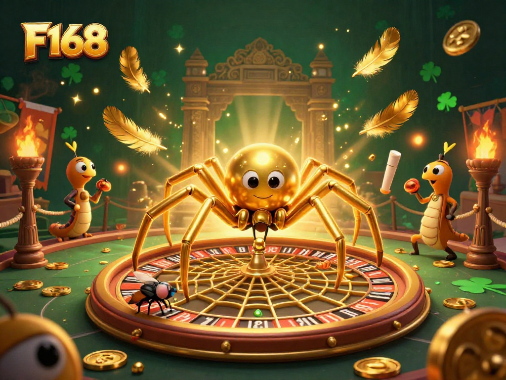 F168 engages players with thrilling bets as a golden spider spins a roulette wheel web.