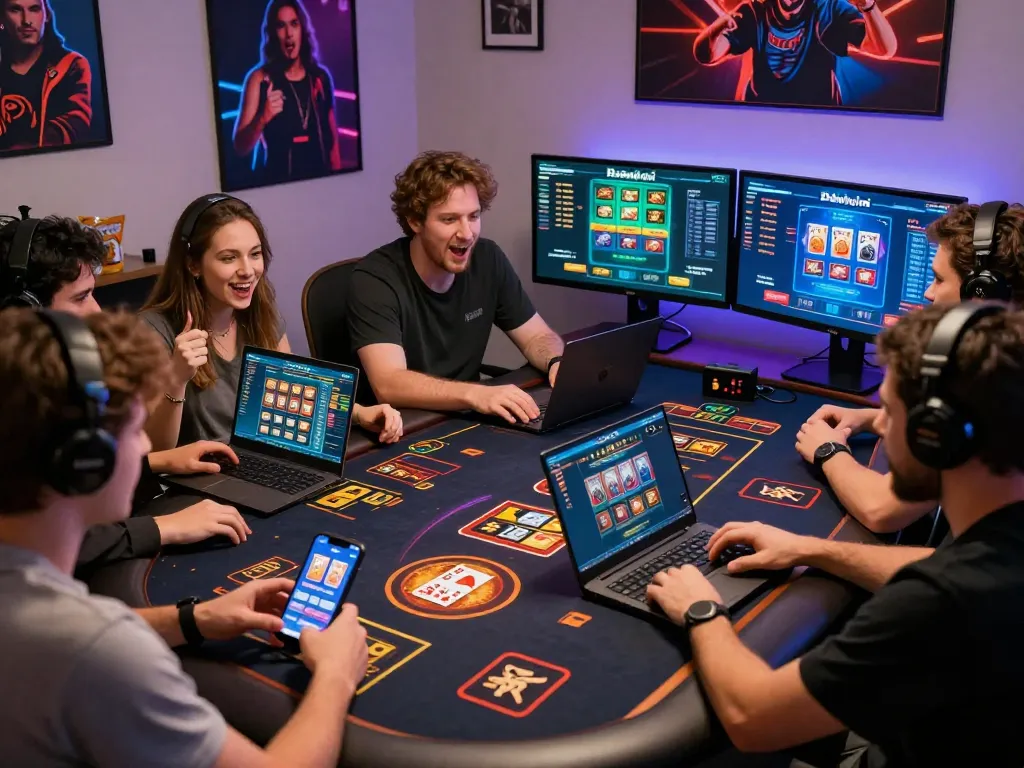 Dynamic gameplay on Bomwin platform with players enjoying online card games in a vibrant setting.