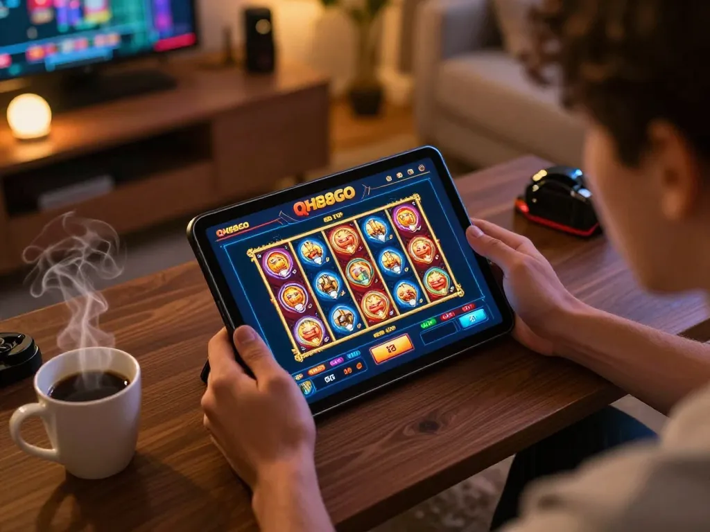 Player engaging with the qh88go casino app on tablet in a cozy home setup, showcasing modern online gambling.