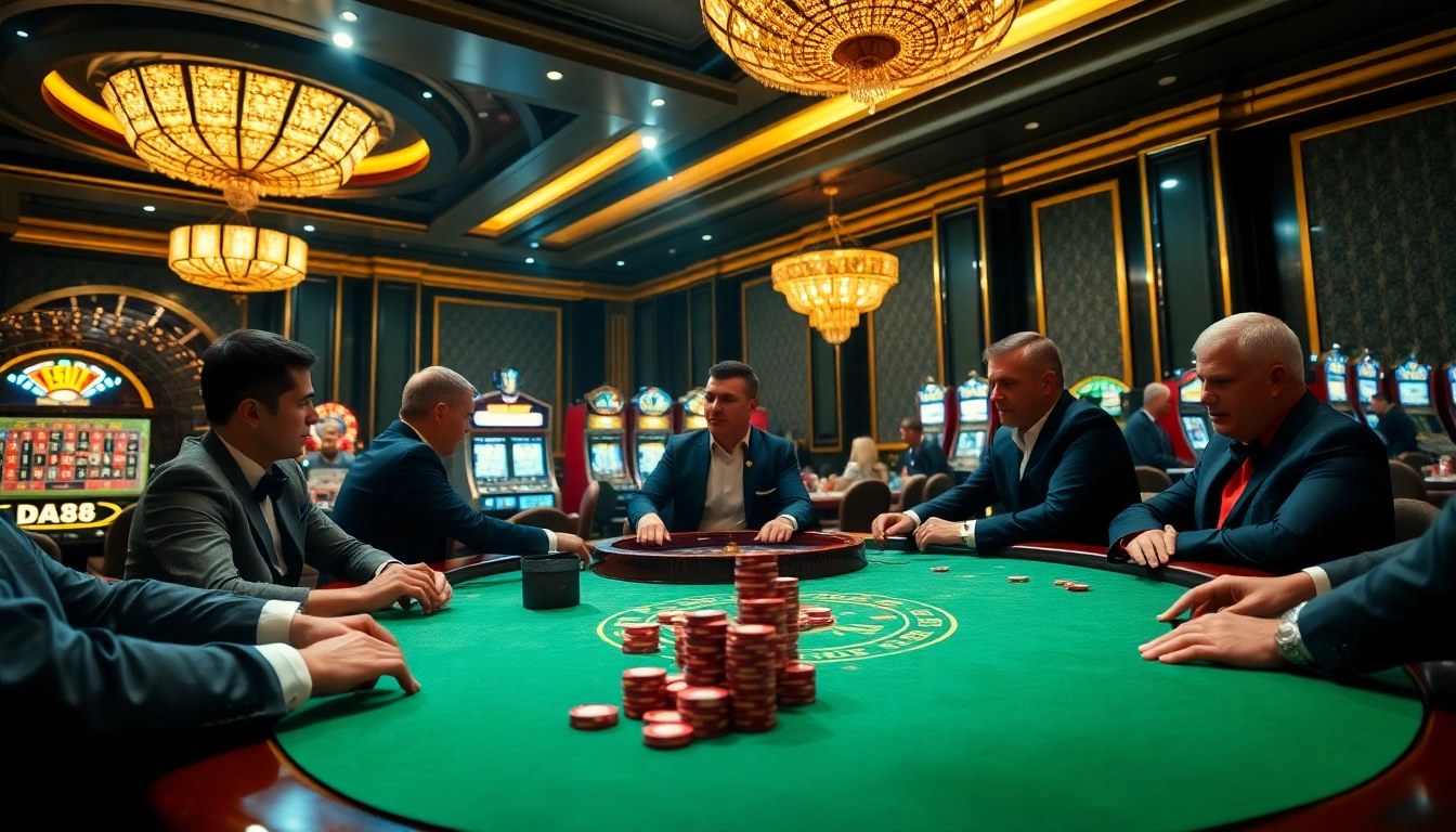 Exciting poker action at a luxury casino table featuring DA88 poker chips and elegant players.