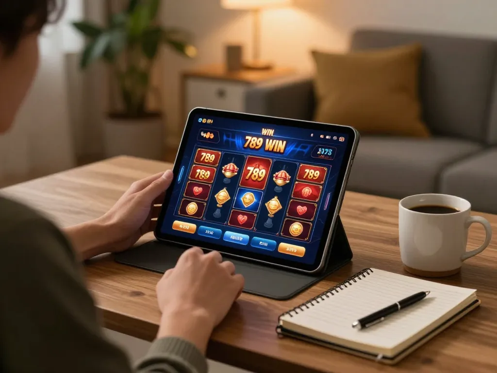 Engaging with 789 win casino app on tablet in a cozy home setup emphasizing responsible gaming