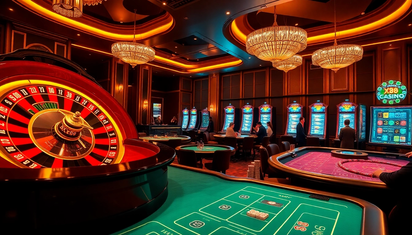 Players enjoying thrilling moments at XX 88 casino with poker chips and a roulette wheel.