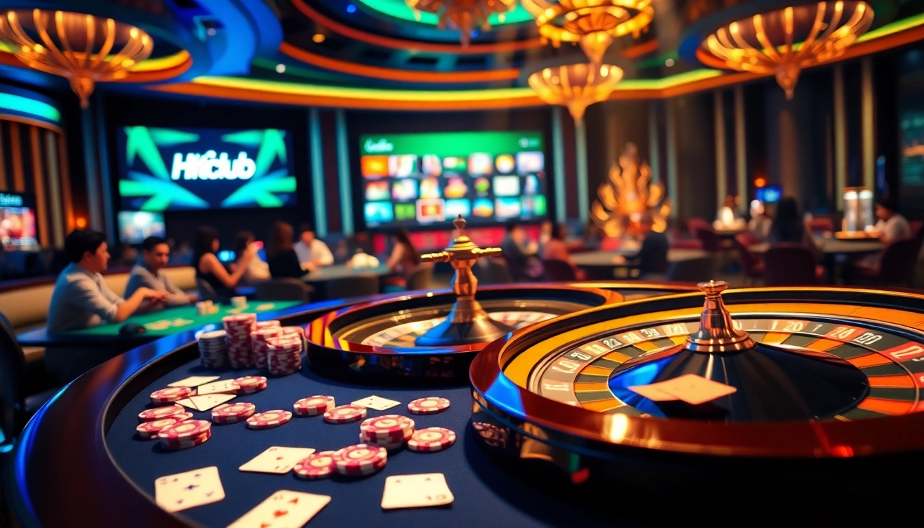 Cổng game Hitclub showcases vibrant gameplay with poker chips, roulette wheel, and online gambling interface.