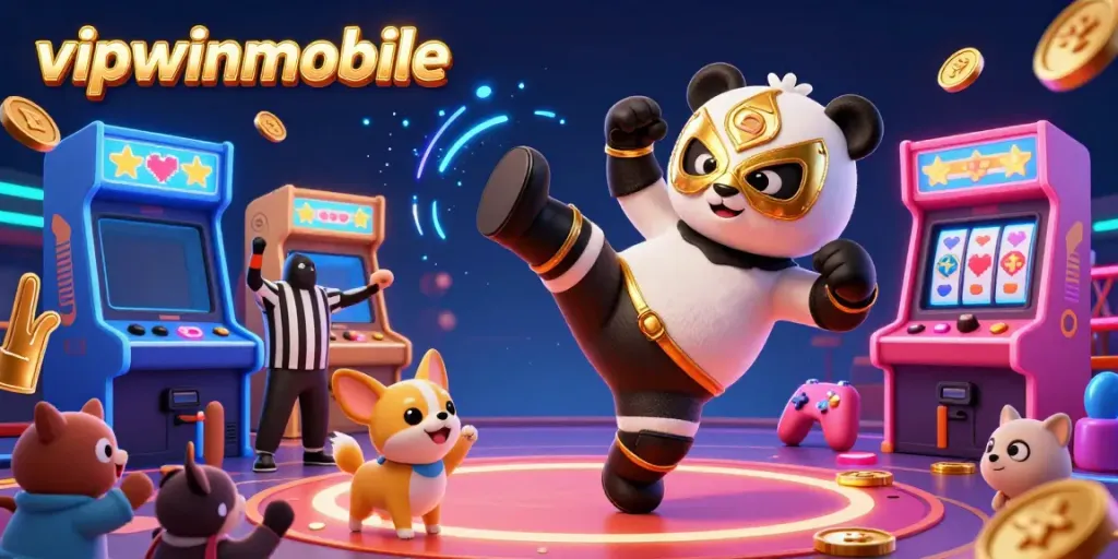 Witness the excitement of vipwinmobile as a panda wrestler makes a daring kick in a bustling casino.
