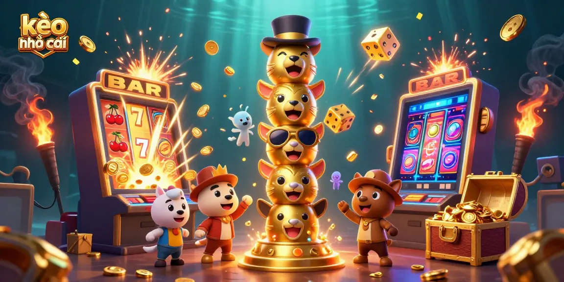 Experience kèo nhà cái with vibrant 3D casino elements, including slots, coins, and totem pole.