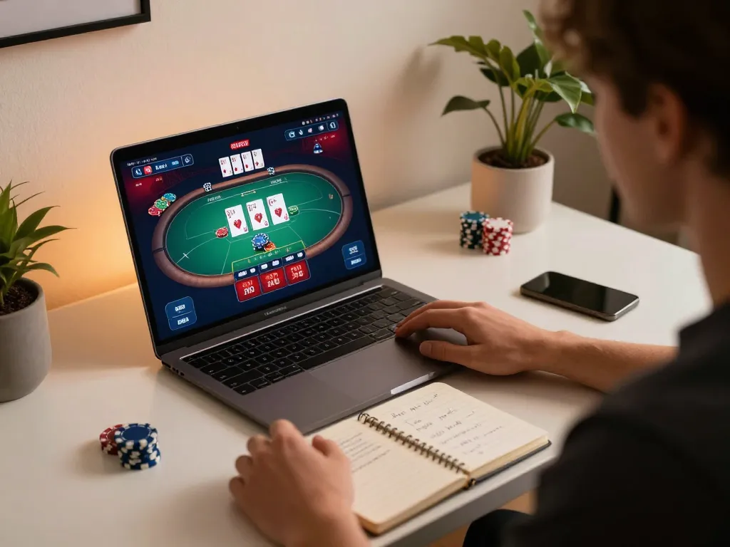 Person engaging in online LV88 casino gaming with strategic notes and cozy ambiance.