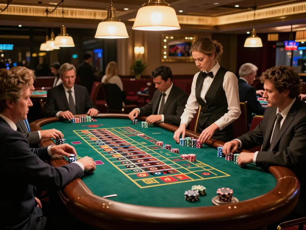 transporthydraulics players placing bets at roulette table in vibrant casino.
