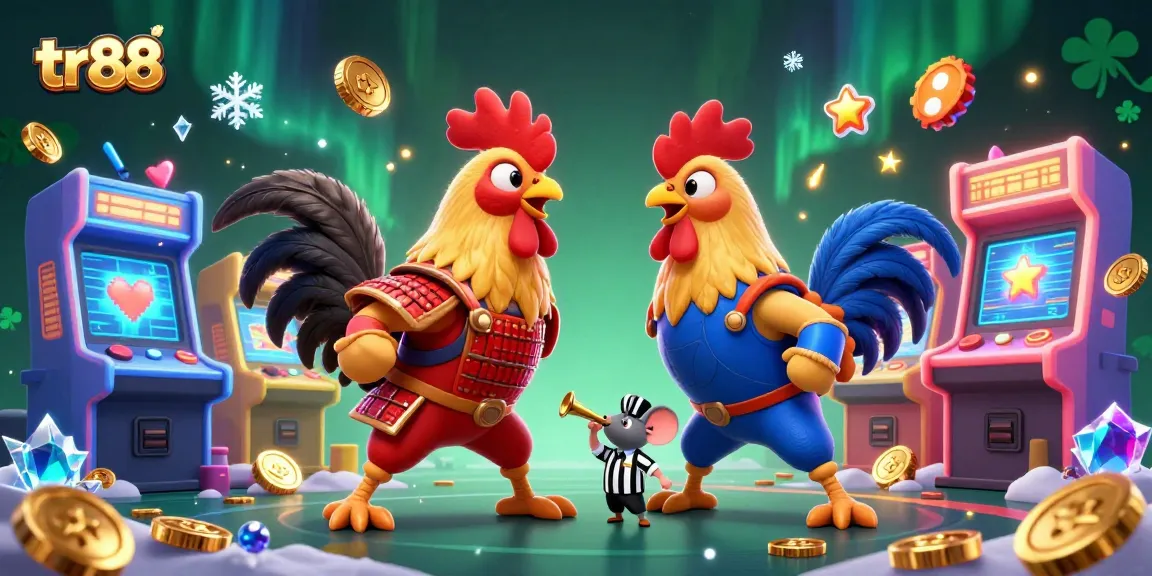 Engage with thrilling combat at tr88 as cartoon fighting roosters duel in a vibrant casino setting.
